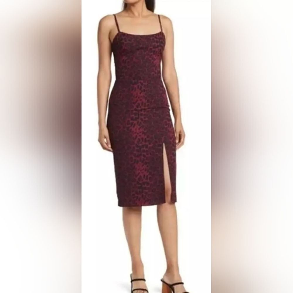 Dress The Population Leopard Print Shaireen Midi Dress sz M Burgundy/Black NWT